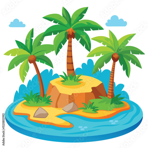 Cartoon Island Scene with Palm Trees, Ocean, Sand, Rocks, and Blue Clouds