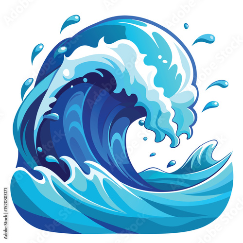 Cartoon Ocean Wave Illustration with Splashing Water Droplets in Blue and Light Blue Tones