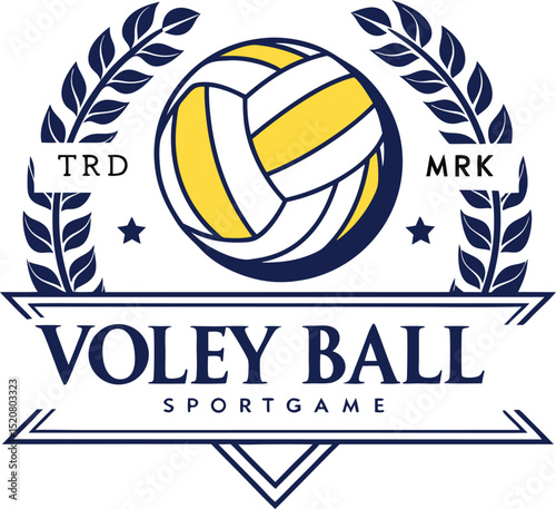 Volleyball sport game emblem design with laurel wreath and ball
