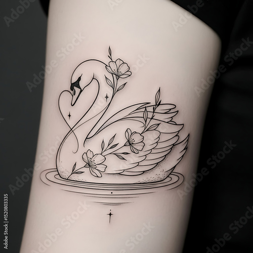 Fine line swans forming a heart, tattoo on forearm.