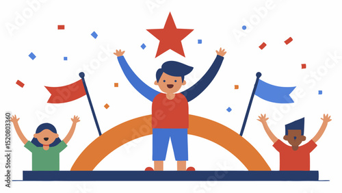 Diverse Group Celebrating Success and Achievement with Confetti and Flags Vector Illustration for Celebration or Competition Flat Design