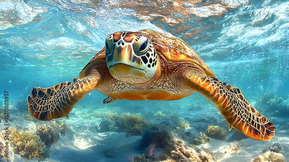 Obraz premium Close-up view of a sea turtle swimming in shallow water.