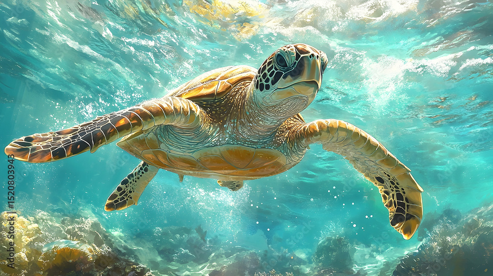 Obraz premium Sea turtle swimming in vibrant turquoise water.