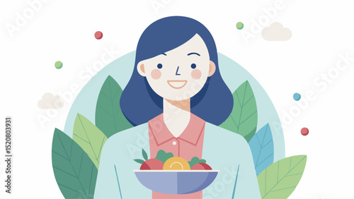 Illustration of a Woman Holding a Bowl of Fruit Surrounded by Leaves in a Minimalist Style Design