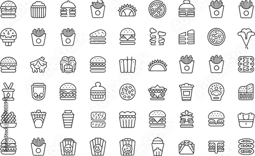 A collection of minimalist line art icons representing various fast food items on a light background