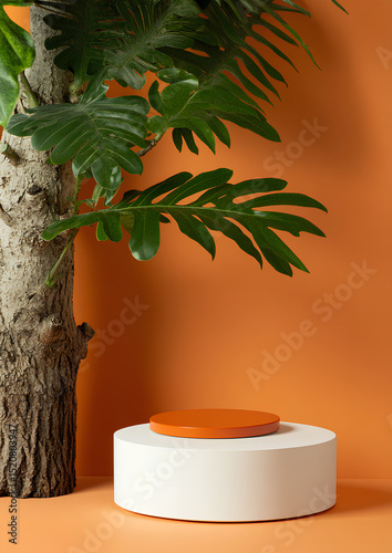 Product photography a white round pedestal with an orange lid and plants on an isolated background.