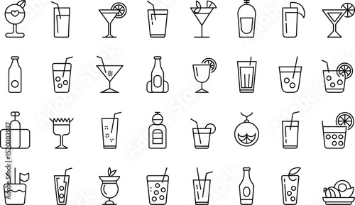 A collection of various outline style drink icons including cocktails, juices, and other beverage containers