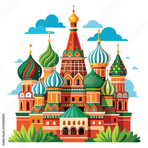 Cartoon St. Basil's Cathedral with Colorful Domes and Blue Sky Vector Illustration