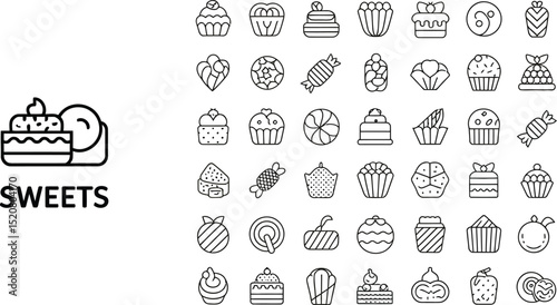 A collection of outlined sweets icons including cupcakes candies and cakes arranged on a light background