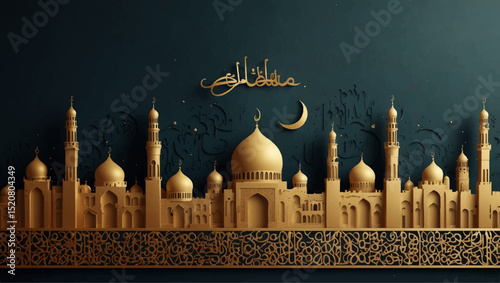 Golden Islamic mosque skyline with domes and minarets, crescent moon above, intricate Arabic calligraphy on a deep teal background, elegant 3D paper-cut style, festive and spiritual atmosphere.