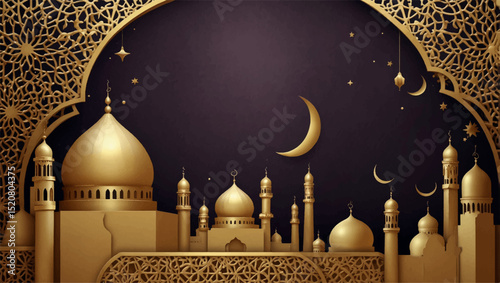 Golden Islamic mosque skyline with domes and minarets, crescent moon above, intricate Arabic calligraphy on a deep teal background, elegant 3D paper-cut style, festive and spiritual atmosphere.