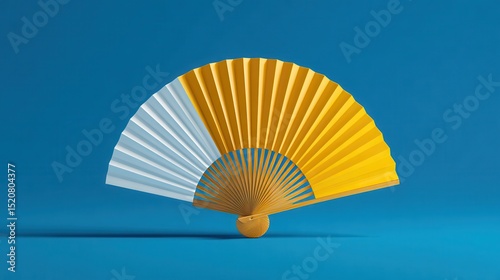 Ultra quality image of there is a yellow and white fan on a blue background.