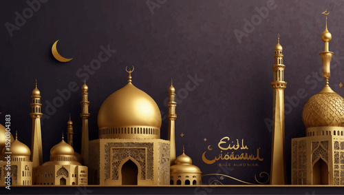 Golden Eid Adha greeting with crescent moon, mosque silhouette, glowing lanterns, and elegant Arabic patterns on a dark teal background. A festive, luxurious Islamic holiday celebration design.