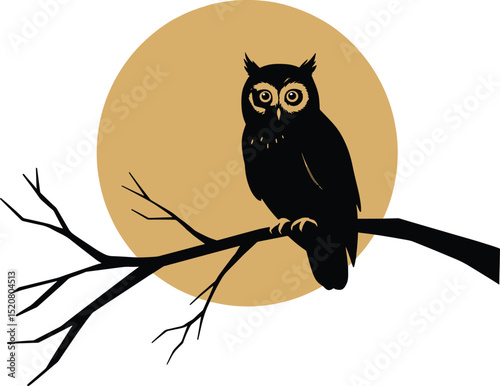 Elegant owl silhouette perched on a solitary branch beneath a luminous full moon editable logo style
