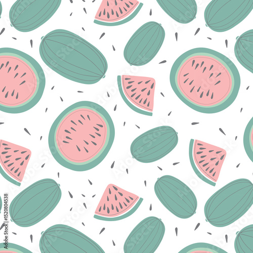 Watermelon slices striped seamless pattern. Sweet red ripe summer doodle fruit berry background. Cute funny Food ornament. Ingredient for seasonal refreshing cocktail, smoothie
