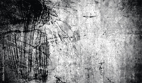 Vector grunge texture with crosshatched halftone vignette effect and distressed scratch marks. High-contrast background with punk, noise,  abstract design elements.