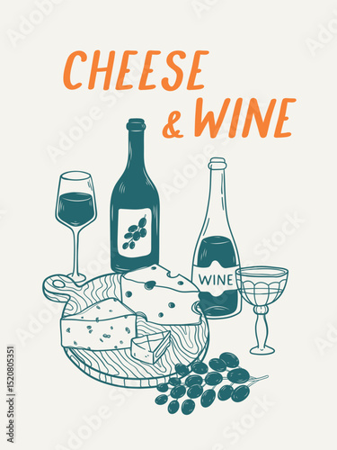 Hand drawn outline poster with cheese and wine. Vintage linear illustration with food and drink. Line drawing illustration in sketch style. Design for interior, print, menu, invitation, banner
