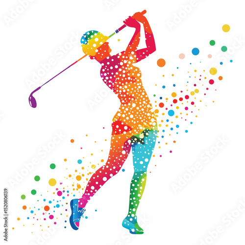 Colorful Golfer Silhouette with Polka Dot Pattern in MidSwing on White Background