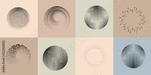 Lines and dots in Circle Form .Rotate rounded shape Vector Illustration .Rotating dots form a circle .Rotating design element . Various lines forming round shape . Abstract Geometric line art .