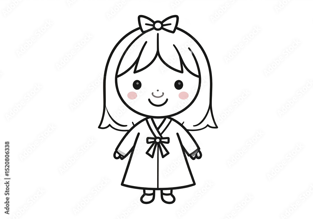 Fototapeta premium Kawaii girl with heart-shaped cheeks, clean lines and cute expression, minimalist art.
