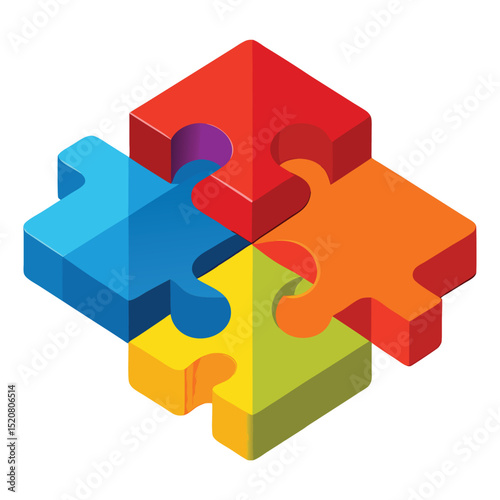 Colorful Isometric Jigsaw Puzzle Pieces Connected Together on White Background, Teamwork and Connection
