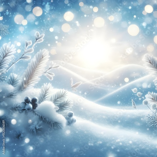 Winter snow background with snowdrifts, with beautiful light and snow flakes on the blue sky in the evening, banner format