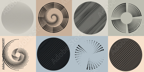Lines and dots in Circle Form .Rotate rounded shape Vector Illustration .Rotating dots form a circle .Rotating design element . Various lines forming round shape . Abstract Geometric line art .