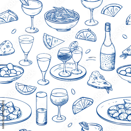 La dolce vita italian sicily style. Hand drawn ink line food and wine or champagne drawings. Sketch style lunch or dinner Illustrations for wedding invitations, cafe or restaurant menus and parties.