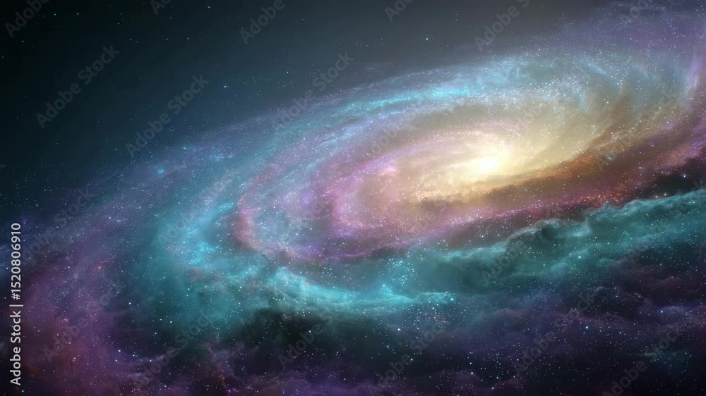 Cosmic swirl of teal, purple, and gold nebulae. Bright center with dark space background. Detailed stellar clouds and glittering stars.