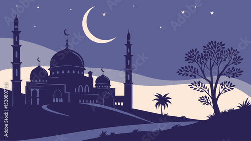 Night Scene of Mosque under Crescent Moon and Stars Islamic Architecture Illustration