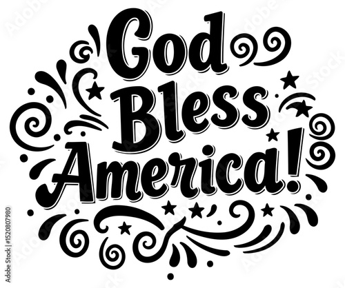 God Bless America inspirational graphic design. Stylish text design with decorative flourishes and stars. Patriotic design for various uses -