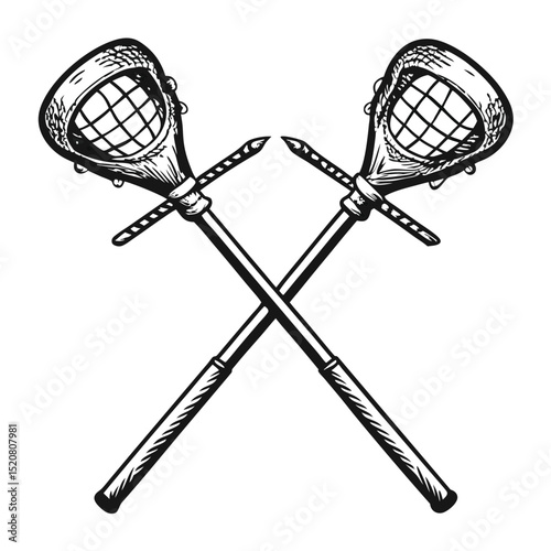 Crossed Lacrosse Sticks Black and White Vector Art, Sports Equipment Illustration Design
