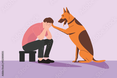 dog therapy concept, dog comfort sad crying man, cartoon vector  