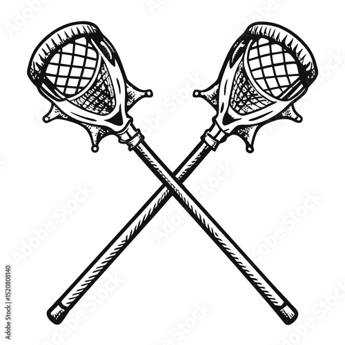 Crossed Lacrosse Sticks Illustration Traditional Sports Equipment Icon with Black and White Outline