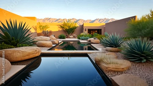 Serene desert landscape featuring a modern home with a reflective pool and mountain backdrop