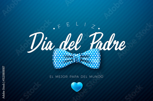 Happy Father's Day Greeting Card Design with Dotted Bow Tie and Heart on Blue Background. Feliz Dia del Padre Spanish Language Vector Illustration for Loved and Best Dad. Template for Banner, Post
