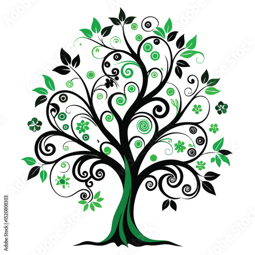 Decorative Vector Tree Illustration with Green Leaves, Black Branches and Floral Elements