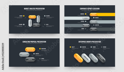 Digital Growth 4 5 3 4 Option Infographic Presentation Template Bundle. Enterprise Plan Four Five Three Four Element Diagram Slideshow Layout Vector Illustration Collection.