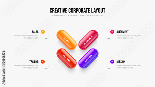 Professional Forecast 4 Step Diagram Slide Template. Project Proposal Four Element Infographic Slideshow Design. Digital Review Frame Layout Vector Illustration.