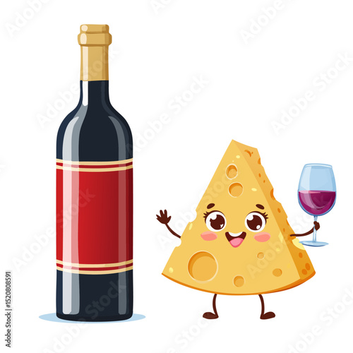 チーズのキャラクターとワインボトル