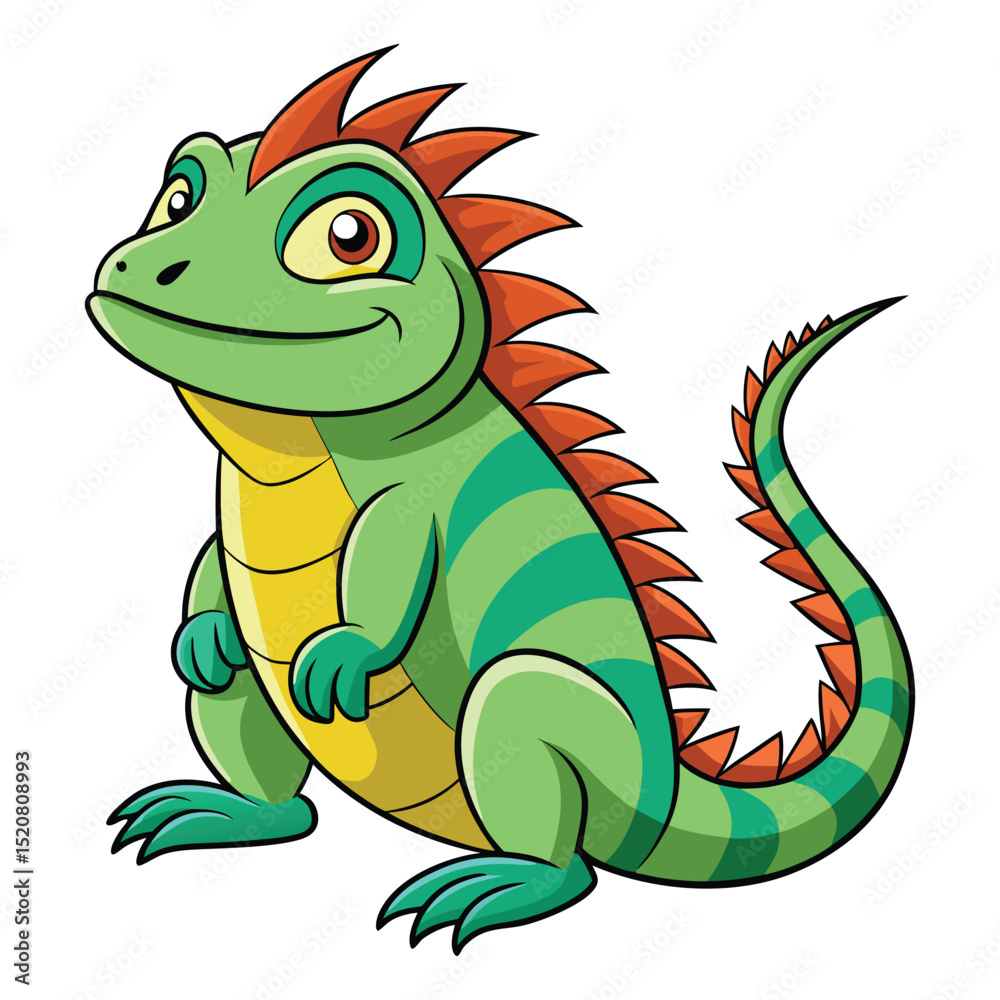 Fototapeta premium Cute cartoon green iguana with spikes