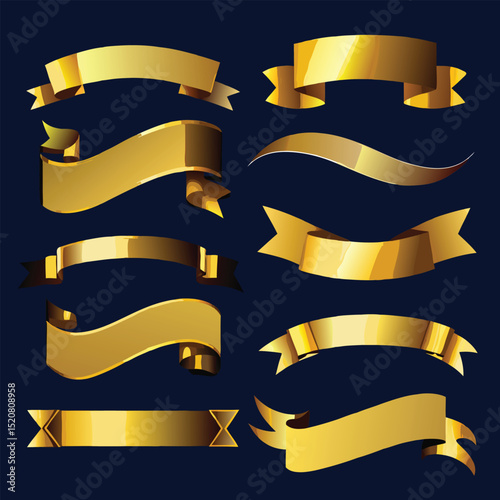 Gold Ribbon Banners Shiny Vector Collection for Design, Promotion and Celebration Purposes