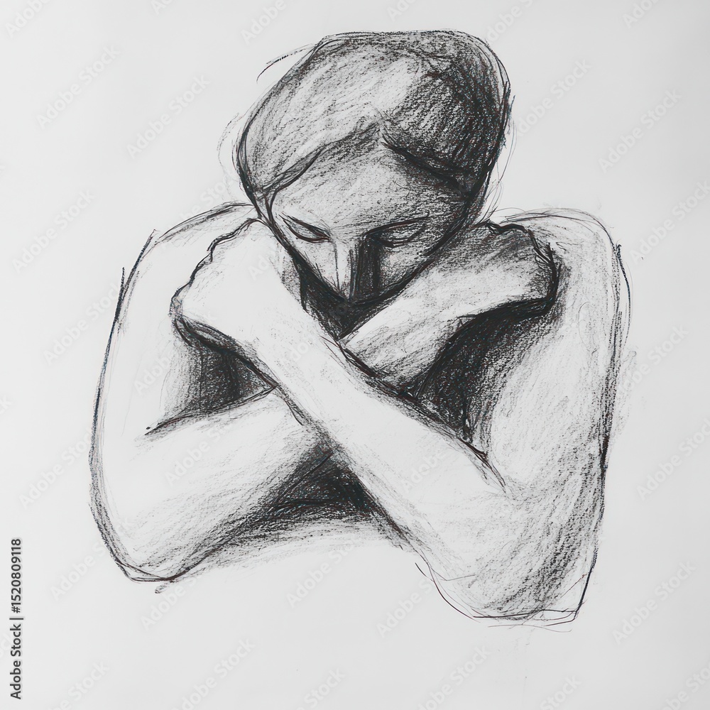 Obraz premium A charcoal sketch depicts a person embracing themselves in solitude.