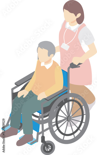 アイソメトリック　俯瞰　人物　男性　女性　車椅子　介護　福祉　介護士　福祉　メディカル　イラスト