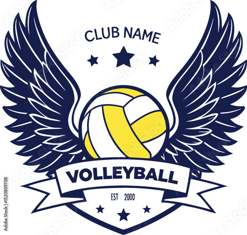 Volleyball club logo design with wings and ribbon banner