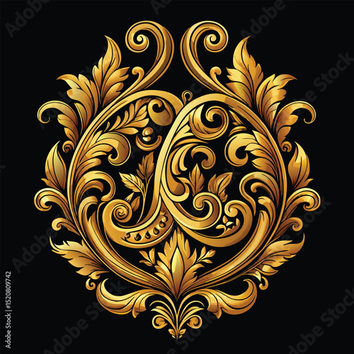 Ornate Golden Floral Ornament on Black Background, Elegant Design Element Decorative