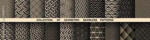 Geometric set of seamless black and golden patterns. Simple vector graphics