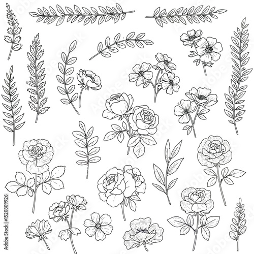 Seamless Monochrome Floral Pattern. Hand Drawn Floral Texture, Decorative Flowers, Coloring Book.
