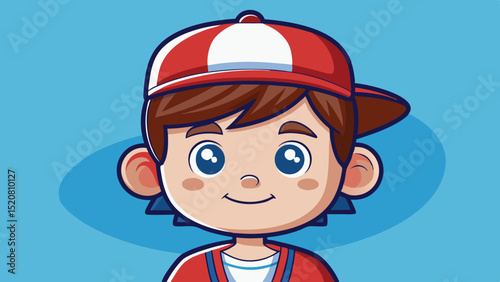 Smiling cartoon boy with shiny blue eyes wearing a red and white cap and jacket against a light blue background