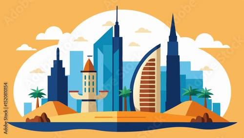 Modern flat illustration of a futuristic desert city skyline with skyscrapers, sand dunes and palm trees under a sunny sky